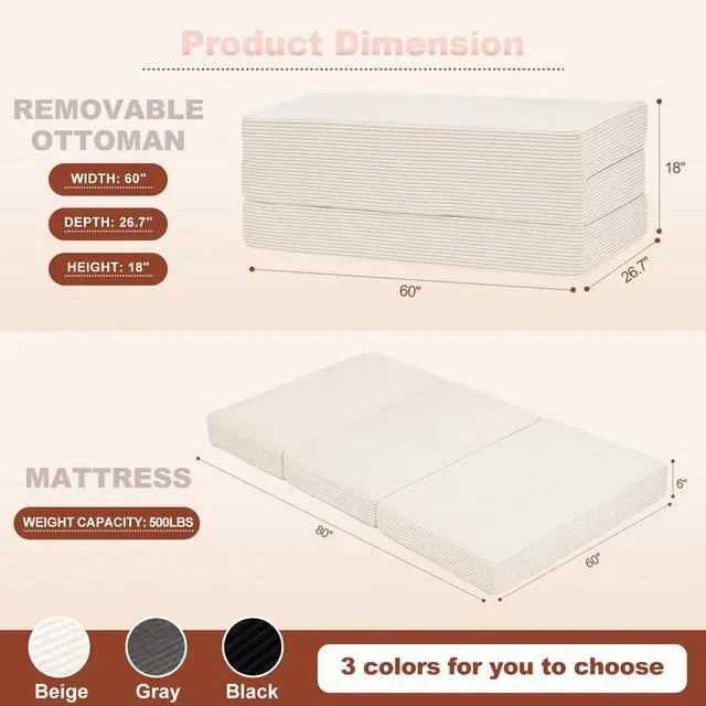 Alt view image 2 of 7 - 6-Inch Tri-Fold Foldable Mattress, Folding Sofa Bed with Removable Washable Cover, Portable Futon Mattress Full Size Floor Guest Mat with Non-Slip Bottom & Carry Handles for Camping (Beige, Queen)