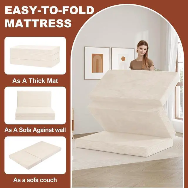 Alt view image 6 of 7 - 6-Inch Tri-Fold Foldable Mattress, Folding Sofa Bed with Removable Washable Cover, Portable Futon Mattress Full Size Floor Guest Mat with Non-Slip Bottom & Carry Handles for Camping (Beige, Queen)
