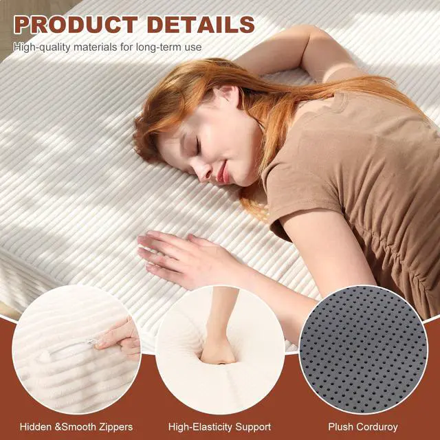 Alt view image 4 of 7 - 6-Inch Tri-Fold Foldable Mattress, Folding Sofa Bed with Removable Washable Cover, Portable Futon Mattress Full Size Floor Guest Mat with Non-Slip Bottom & Carry Handles for Camping (Beige, Queen)