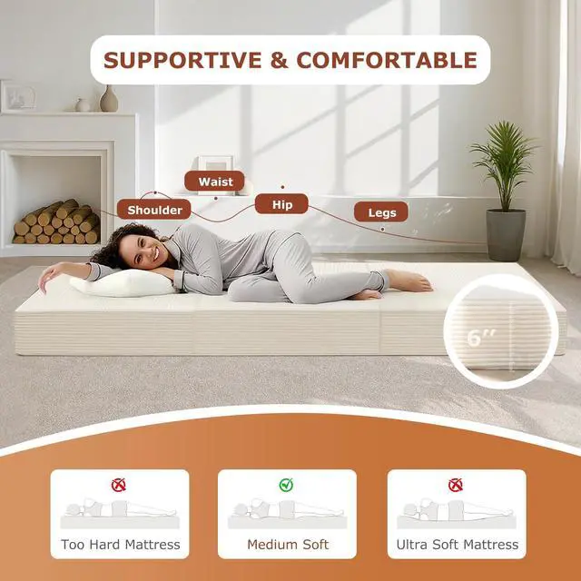 Alt view image 5 of 7 - 6-Inch Tri-Fold Foldable Mattress, Folding Sofa Bed with Removable Washable Cover, Portable Futon Mattress Full Size Floor Guest Mat with Non-Slip Bottom & Carry Handles for Camping (Beige, Queen)