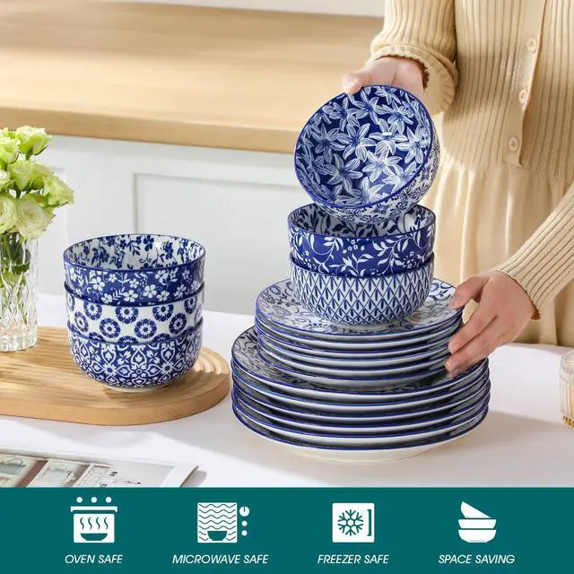 Alt view image 3 of 7 - SELENE Plates and Bowls Set for 6, 18 Pieces Dinnerware Sets, Mircowave and Dishwasher Safe Dishes Set, Porcelain Blue Dinnerware