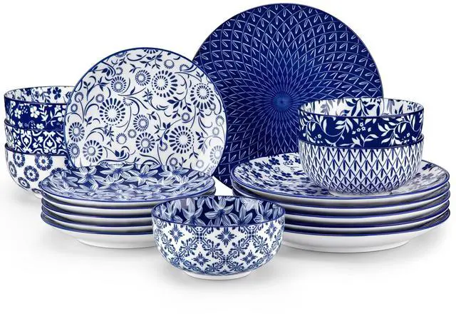 Main image of SELENE Plates and Bowls Set for 6, 18 Pieces Dinnerware Sets, Mircowave and Dishwasher Safe Dishes Set, Porcelain Blue Dinnerware