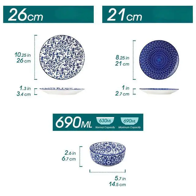 Alt view image 2 of 7 - SELENE Plates and Bowls Set for 6, 18 Pieces Dinnerware Sets, Mircowave and Dishwasher Safe Dishes Set, Porcelain Blue Dinnerware