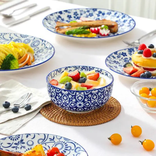 Alt view image 5 of 7 - SELENE Plates and Bowls Set for 6, 18 Pieces Dinnerware Sets, Mircowave and Dishwasher Safe Dishes Set, Porcelain Blue Dinnerware