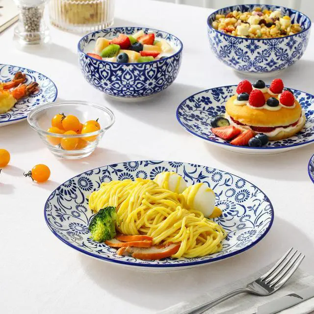 Alt view image 7 of 7 - SELENE Plates and Bowls Set for 6, 18 Pieces Dinnerware Sets, Mircowave and Dishwasher Safe Dishes Set, Porcelain Blue Dinnerware