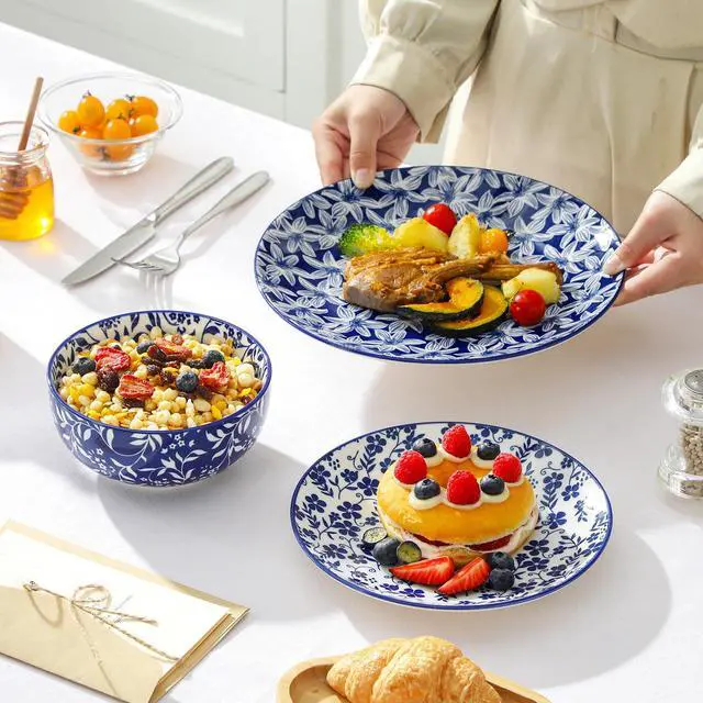 Alt view image 6 of 7 - SELENE Plates and Bowls Set for 6, 18 Pieces Dinnerware Sets, Mircowave and Dishwasher Safe Dishes Set, Porcelain Blue Dinnerware