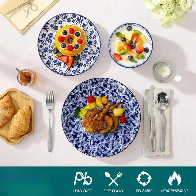 Alt view image 4 of 7 - SELENE Plates and Bowls Set for 6, 18 Pieces Dinnerware Sets, Mircowave and Dishwasher Safe Dishes Set, Porcelain Blue Dinnerware