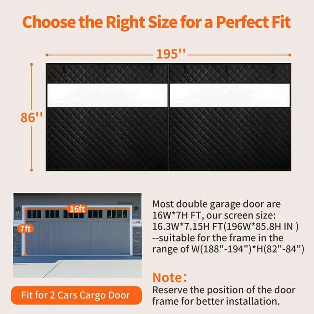 Alt view image 2 of 7 - Thermal Insulated Garage Door Curtain with Clear Window, 16ft x 7ft Winter Door Cover for 2 Car Garage Heat Insulation with Thicken Polyester Fiberfill & Durable Oxford Fabric, Waterproof