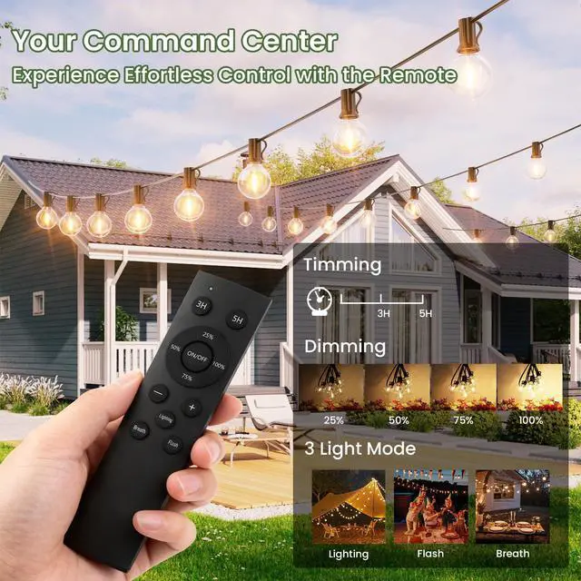 Alt view image 3 of 7 - Solar Outdoor String Lights 200FT, G40 Patio Lights Shatterproof Dimmable Vintage Edison Bulbs - Solar Powered Weatherproof Light for Patio, Backyard, Garden, Bistro(2X100 FT)