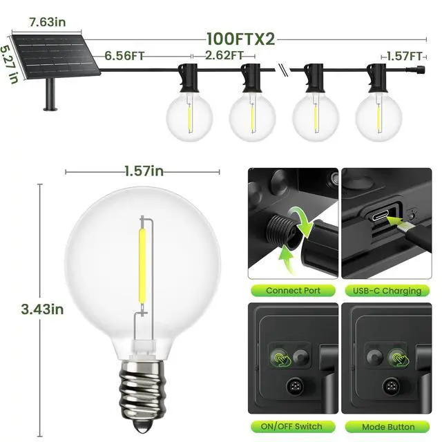 Alt view image 4 of 7 - Solar Outdoor String Lights 200FT, G40 Patio Lights Shatterproof Dimmable Vintage Edison Bulbs - Solar Powered Weatherproof Light for Patio, Backyard, Garden, Bistro(2X100 FT)