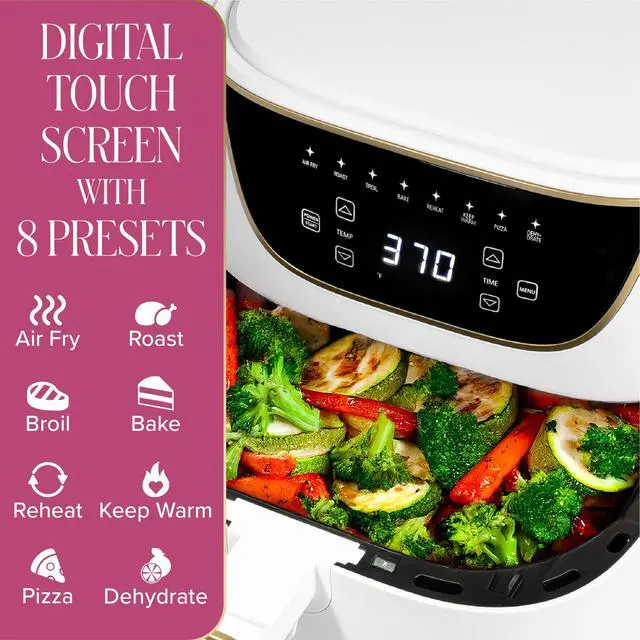 Alt view image 2 of 7 - 6-Quart Air Fryer, Nonstick Basket Made Without PFAS, Touchscreen, 8-in-1 (Fry, Roast, Broil, Bake, Reheat, Keep Warm, Pizza, Dehydrate), Dishwasher Safe Basket and Crisping Tray, White