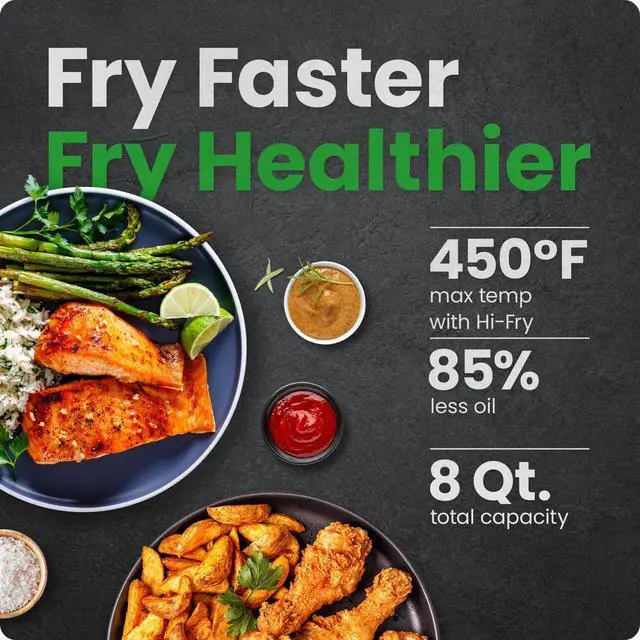 Alt view image 2 of 7 - Air Fryer 8 Qt | TurboFry® 4-in-1 with 450°F Hi-Fry Option for Crispier Results | Bake, Dehydrate, Frozen | XL Nonstick Dishwasher-Safe Basket | Stainless Steel
