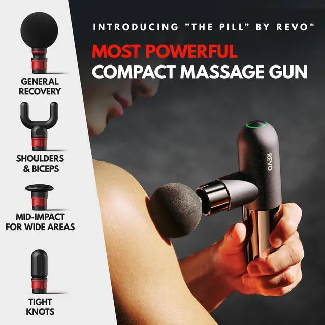 Alt view image 2 of 5 - The Pill by REVO - Handheld Deep Tissue Electric Massage Gun with 4 Attachments - Powerful, Sleek, Ergonomic, Lightweight - Compact and Easy to Hold Percussion Muscle Massager