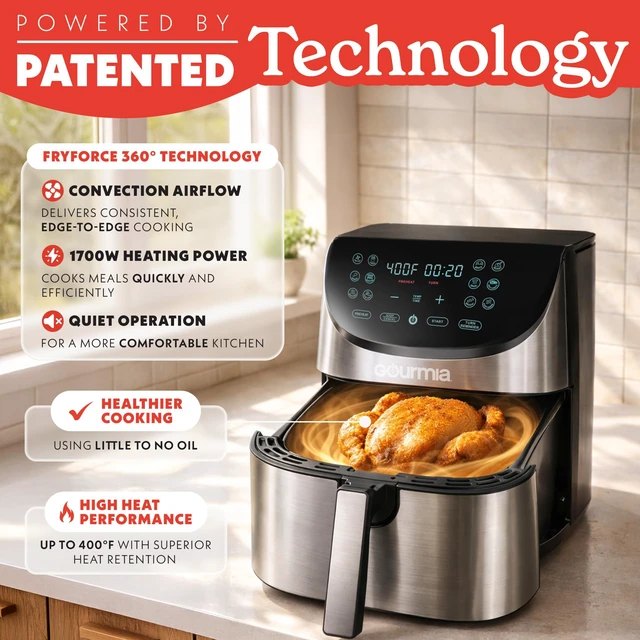 Alt view image 4 of 7 - Air Fryer - 8 Qt Basket Capacity, 12 Presets, Stainless Steel | Digital Display, Touch Controls, 90400°F Adjustable Temperature, Dishwasher-Safe Basket & Crisper Tray