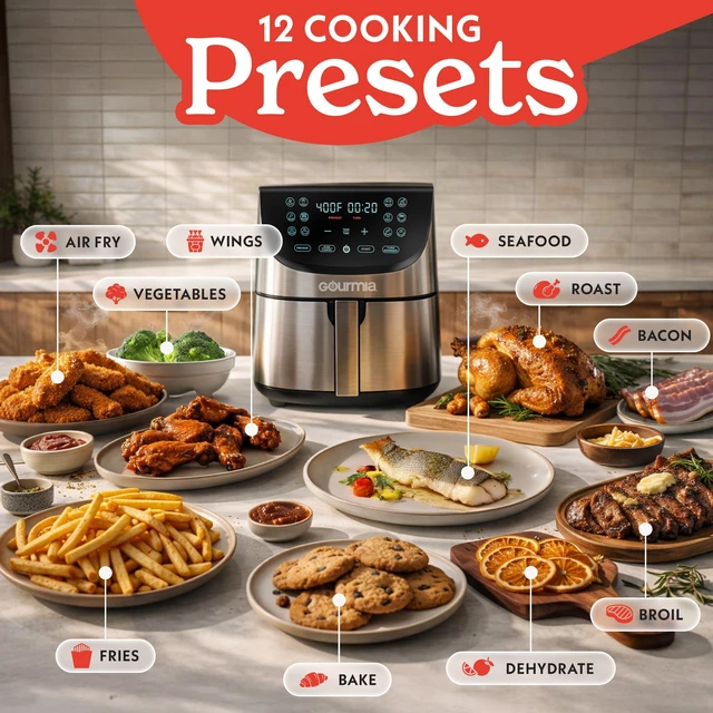 Alt view image 2 of 7 - Air Fryer - 8 Qt Basket Capacity, 12 Presets, Stainless Steel | Digital Display, Touch Controls, 90400°F Adjustable Temperature, Dishwasher-Safe Basket & Crisper Tray