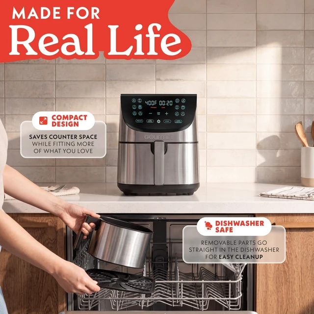 Alt view image 7 of 7 - Air Fryer - 8 Qt Basket Capacity, 12 Presets, Stainless Steel | Digital Display, Touch Controls, 90400°F Adjustable Temperature, Dishwasher-Safe Basket & Crisper Tray