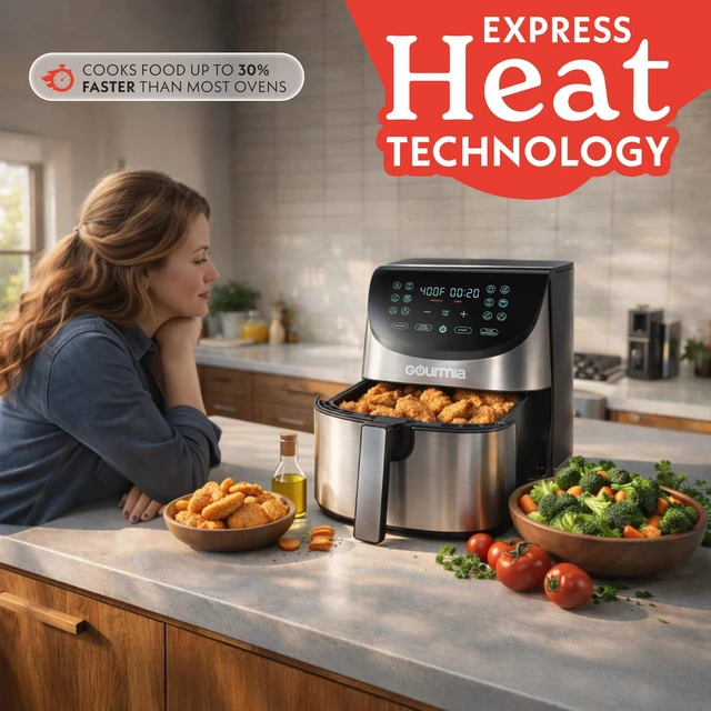 Alt view image 5 of 7 - Air Fryer - 8 Qt Basket Capacity, 12 Presets, Stainless Steel | Digital Display, Touch Controls, 90400°F Adjustable Temperature, Dishwasher-Safe Basket & Crisper Tray