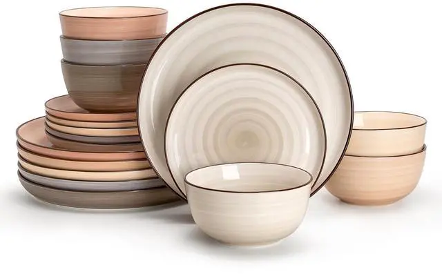 Main image of Plates and Bowls Sets, 18 Piece Dinnerware Set Porcelain Round Dinner Set for 6, Scratch Resistant Dishes Set, Dishwasher and Oven Microwave Safe Handpainted Swirl Dishware Sets, Neutral