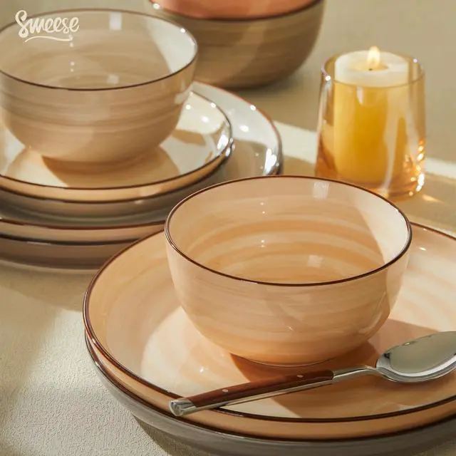 Alt view image 5 of 7 - Plates and Bowls Sets, 18 Piece Dinnerware Set Porcelain Round Dinner Set for 6, Scratch Resistant Dishes Set, Dishwasher and Oven Microwave Safe Handpainted Swirl Dishware Sets, Neutral