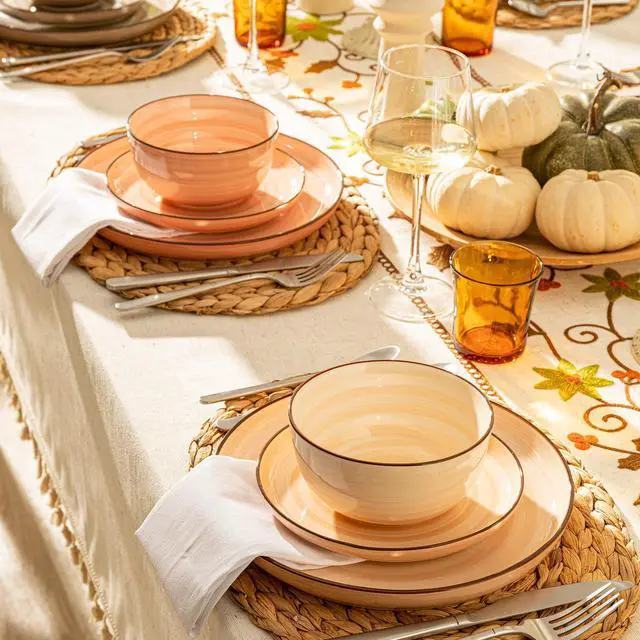Alt view image 6 of 7 - Plates and Bowls Sets, 18 Piece Dinnerware Set Porcelain Round Dinner Set for 6, Scratch Resistant Dishes Set, Dishwasher and Oven Microwave Safe Handpainted Swirl Dishware Sets, Neutral