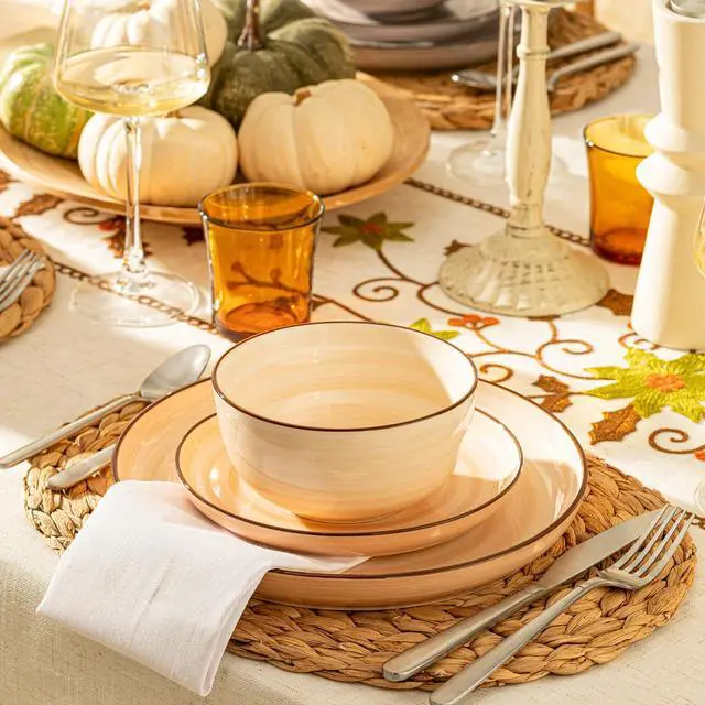 Alt view image 7 of 7 - Plates and Bowls Sets, 18 Piece Dinnerware Set Porcelain Round Dinner Set for 6, Scratch Resistant Dishes Set, Dishwasher and Oven Microwave Safe Handpainted Swirl Dishware Sets, Neutral
