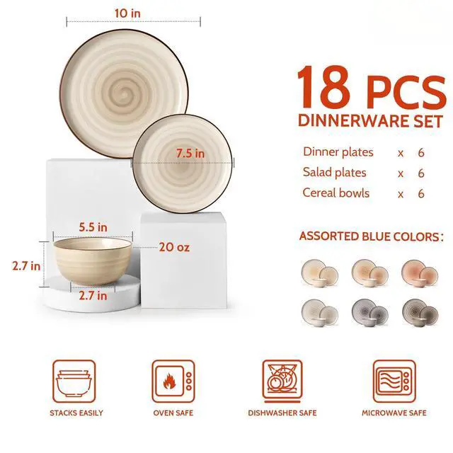 Alt view image 2 of 7 - Plates and Bowls Sets, 18 Piece Dinnerware Set Porcelain Round Dinner Set for 6, Scratch Resistant Dishes Set, Dishwasher and Oven Microwave Safe Handpainted Swirl Dishware Sets, Neutral