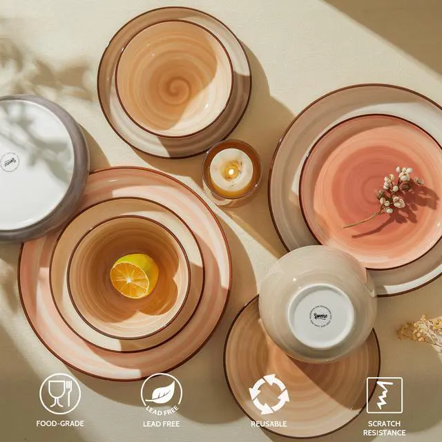 Alt view image 4 of 7 - Plates and Bowls Sets, 18 Piece Dinnerware Set Porcelain Round Dinner Set for 6, Scratch Resistant Dishes Set, Dishwasher and Oven Microwave Safe Handpainted Swirl Dishware Sets, Neutral