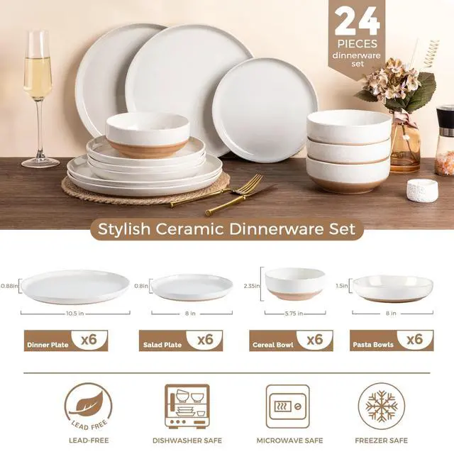 Alt view image 3 of 7 - Dinnerware Sets for 6, 24 Pieces Ceramic Plates and Bowls Set
