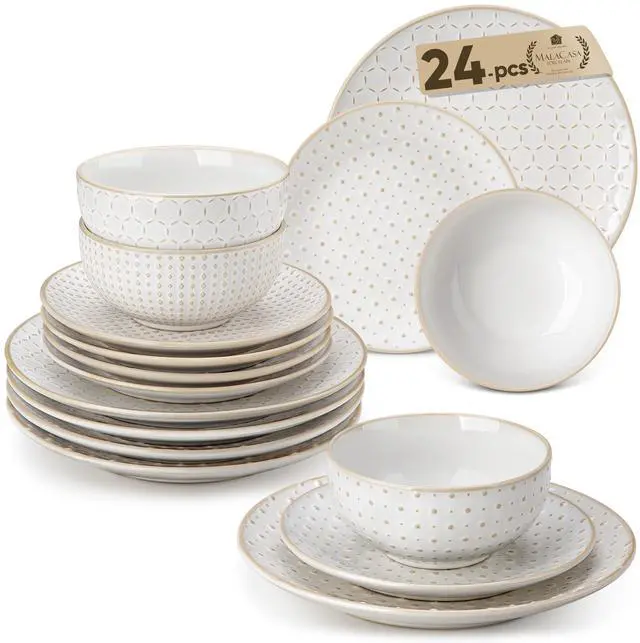 Main image of 24-Piece Farmhouse Dinnerware Set for 8, Embossed White Stoneware Plates and Bowls Sets, Vintage Relief Ceramic Dish Set, Chip-Resistant, Microwave & Dishwasher Safe