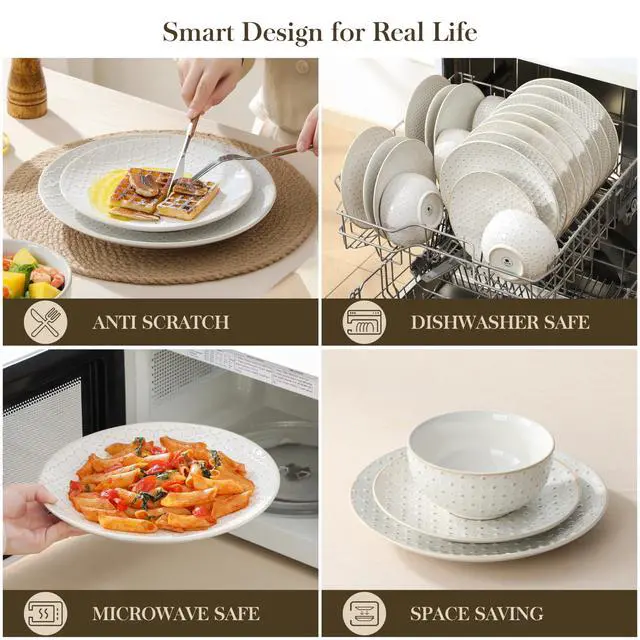 Alt view image 4 of 7 - 24-Piece Farmhouse Dinnerware Set for 8, Embossed White Stoneware Plates and Bowls Sets, Vintage Relief Ceramic Dish Set, Chip-Resistant, Microwave & Dishwasher Safe