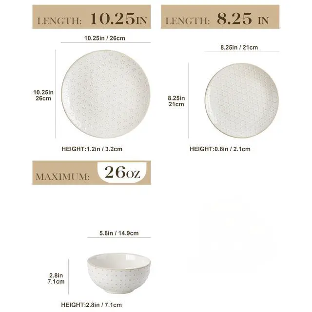 Alt view image 2 of 7 - 24-Piece Farmhouse Dinnerware Set for 8, Embossed White Stoneware Plates and Bowls Sets, Vintage Relief Ceramic Dish Set, Chip-Resistant, Microwave & Dishwasher Safe
