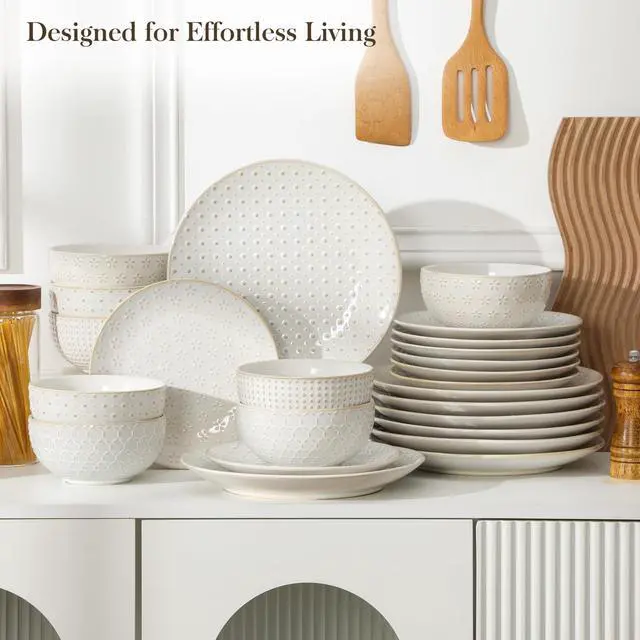 Alt view image 5 of 7 - 24-Piece Farmhouse Dinnerware Set for 8, Embossed White Stoneware Plates and Bowls Sets, Vintage Relief Ceramic Dish Set, Chip-Resistant, Microwave & Dishwasher Safe