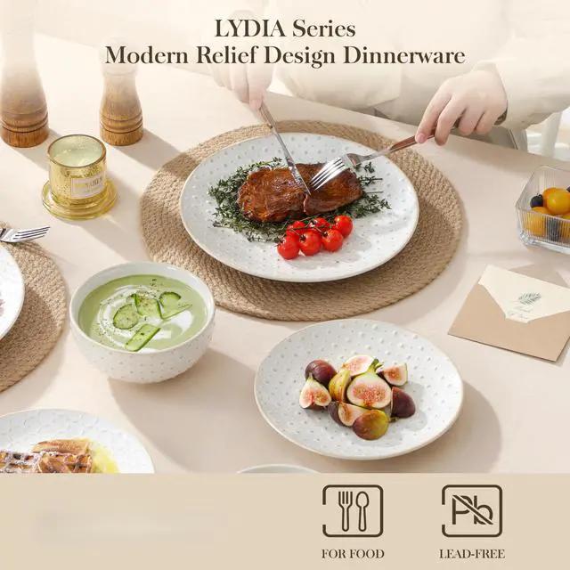 Alt view image 3 of 7 - 24-Piece Farmhouse Dinnerware Set for 8, Embossed White Stoneware Plates and Bowls Sets, Vintage Relief Ceramic Dish Set, Chip-Resistant, Microwave & Dishwasher Safe