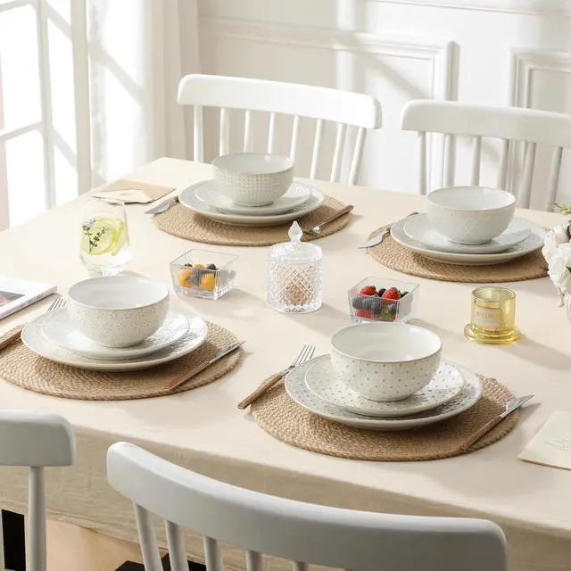 Alt view image 7 of 7 - 24-Piece Farmhouse Dinnerware Set for 8, Embossed White Stoneware Plates and Bowls Sets, Vintage Relief Ceramic Dish Set, Chip-Resistant, Microwave & Dishwasher Safe