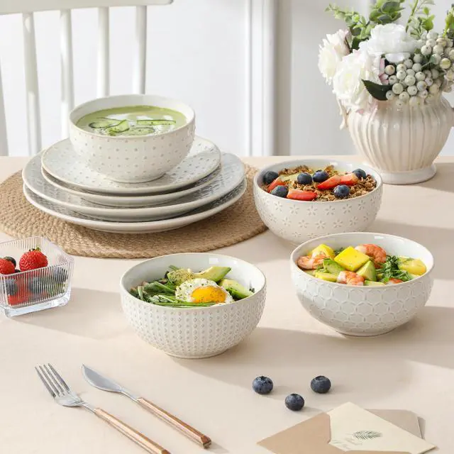 Alt view image 6 of 7 - 24-Piece Farmhouse Dinnerware Set for 8, Embossed White Stoneware Plates and Bowls Sets, Vintage Relief Ceramic Dish Set, Chip-Resistant, Microwave & Dishwasher Safe
