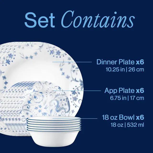 Alt view image 2 of 7 - Vitrelle 18-Piece Service for 6 Dinnerware Set, Triple Layer Glass and Chip Resistant, Lightweight Round Plates and Bowls Set, Darlington