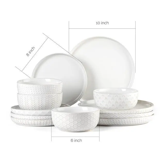 Alt view image 3 of 7 - Stoneware Dinnerware Sets Service for 4, 12 pcs Reactive Glaze Plates and Bowls Sets, Embossed Boho Ceramic Dish Set, Highly Chip and Crack Resistant Farmhouse Plate Set, Ivory White