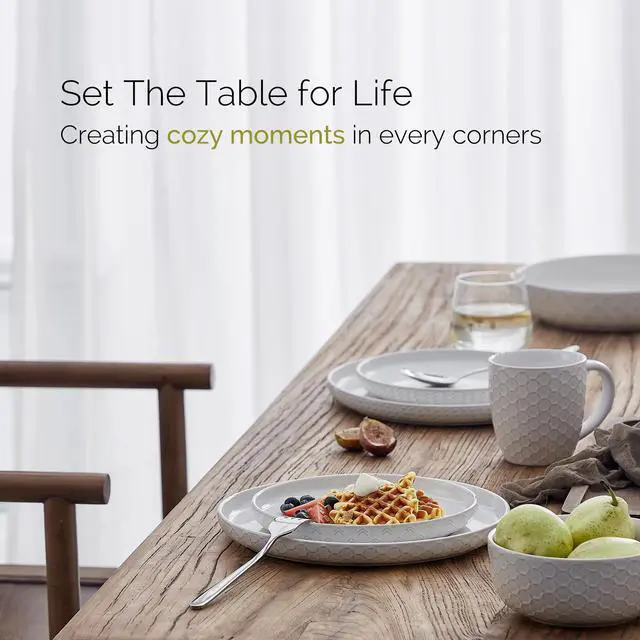 Alt view image 2 of 7 - Stoneware Dinnerware Sets Service for 4, 12 pcs Reactive Glaze Plates and Bowls Sets, Embossed Boho Ceramic Dish Set, Highly Chip and Crack Resistant Farmhouse Plate Set, Ivory White