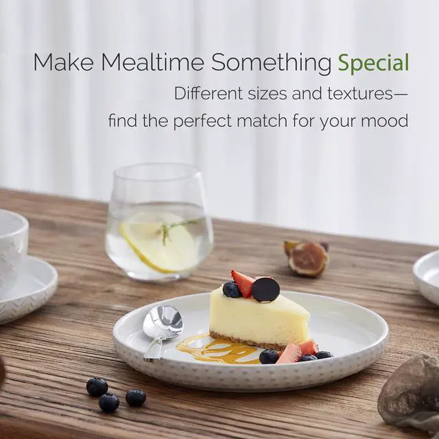 Alt view image 4 of 7 - Stoneware Dinnerware Sets Service for 4, 12 pcs Reactive Glaze Plates and Bowls Sets, Embossed Boho Ceramic Dish Set, Highly Chip and Crack Resistant Farmhouse Plate Set, Ivory White