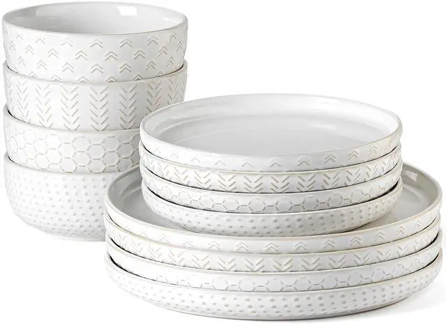 Main image of Stoneware Dinnerware Sets Service for 4, 12 pcs Reactive Glaze Plates and Bowls Sets, Embossed Boho Ceramic Dish Set, Highly Chip and Crack Resistant Farmhouse Plate Set, Ivory White