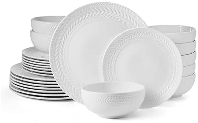 Main image of Josephine 24-Piece Dinnerware Set, Porcelain Dish Set with Embossed Basket Weave Design, Service for 8, White Plates and Bowls Sets, Microwave and Dishwasher Safe