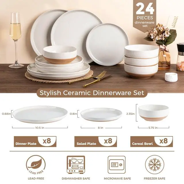 Alt view image 3 of 7 - Dinnerware Sets for 8, 24 Pieces Ceramic Plates and Bowls Set