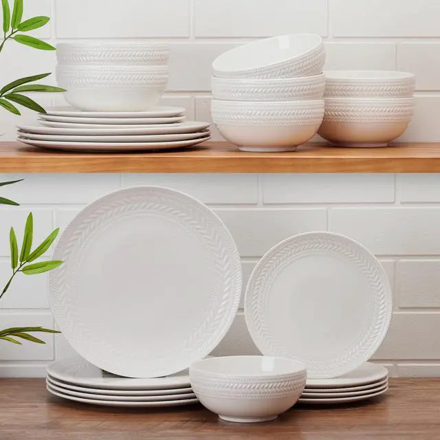 Alt view image 4 of 7 - Josephine 24-Piece Dinnerware Set, Porcelain Dish Set with Embossed Basket Weave Design, Service for 8, White Plates and Bowls Sets, Microwave and Dishwasher Safe