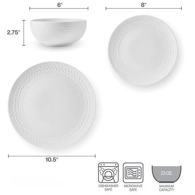 Alt view image 6 of 7 - Josephine 24-Piece Dinnerware Set, Porcelain Dish Set with Embossed Basket Weave Design, Service for 8, White Plates and Bowls Sets, Microwave and Dishwasher Safe