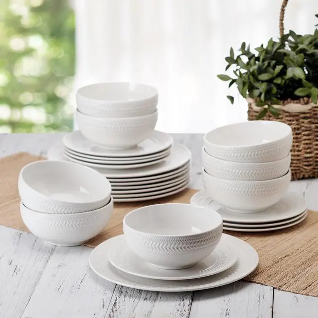 Alt view image 5 of 7 - Josephine 24-Piece Dinnerware Set, Porcelain Dish Set with Embossed Basket Weave Design, Service for 8, White Plates and Bowls Sets, Microwave and Dishwasher Safe