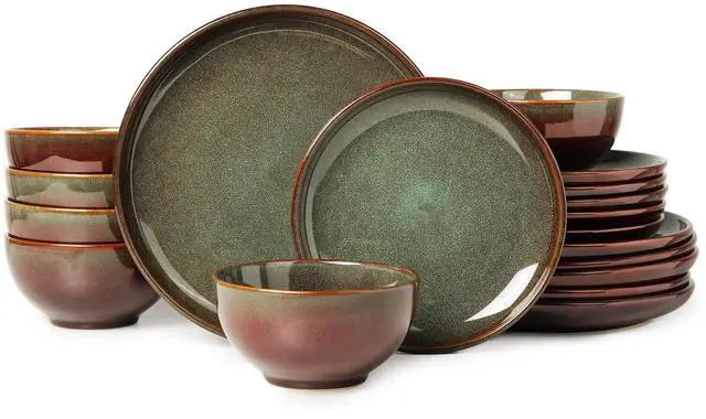Main image of Stoneware Dinnerware Sets for 6, 18 Pieces Ceramic Plates and Bowls Sets, Chip and Scratch Resistant Dish Set, Dishwasher & Microwave Safe Plate Set, Brown Green
