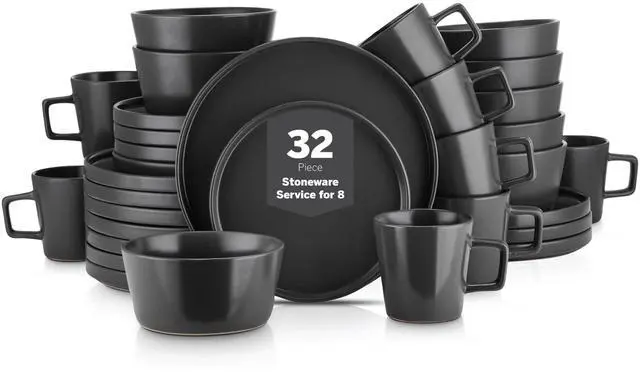 Main image of Celina Stoneware 32 Piece Modern Dinnerware Set, Plates and Bowls, Black Matte, Service for 8, Microwave & Dishwasher Safe