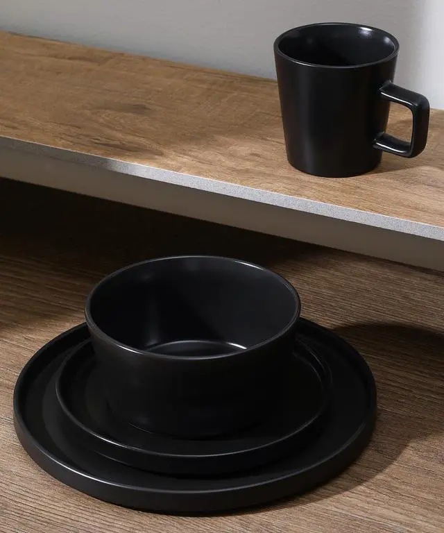 Alt view image 5 of 7 - Celina Stoneware 32 Piece Modern Dinnerware Set, Plates and Bowls, Black Matte, Service for 8, Microwave & Dishwasher Safe