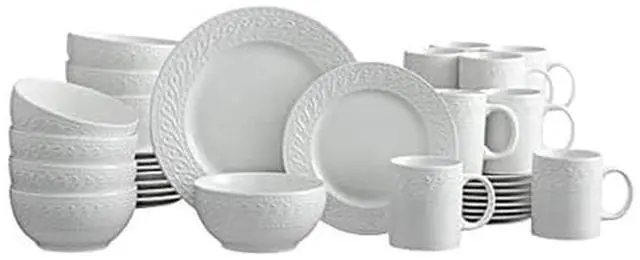 Main image of Sylvia Dinnerware Set 32-Piece Service for 8 - White Porcelain Dinner Plates, Salad Plates, Soup Bowls and Mugs with Embossed Scrollwork