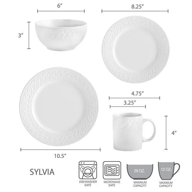 Alt view image 2 of 7 - Sylvia Dinnerware Set 32-Piece Service for 8 - White Porcelain Dinner Plates, Salad Plates, Soup Bowls and Mugs with Embossed Scrollwork